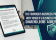 A digital tablet displaying a UK startup shareholders' agreement next to a protective shield graphic, illustrating equity vesting and founder protection.