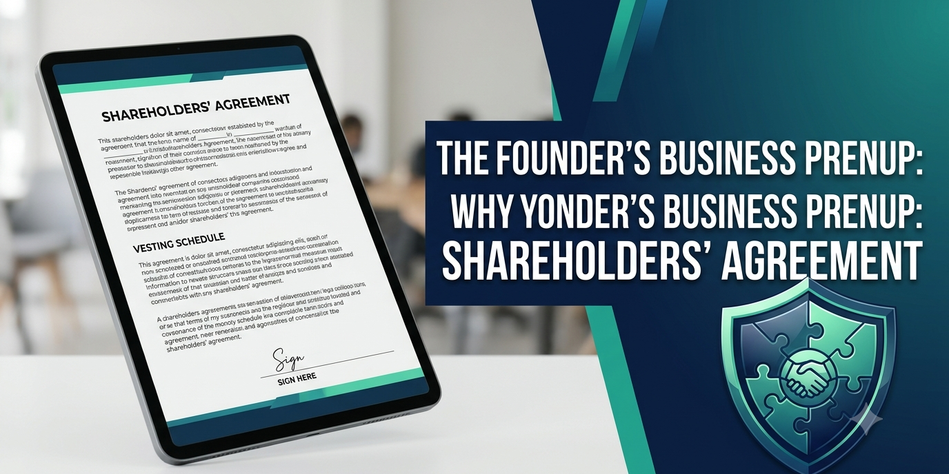 A digital tablet displaying a UK startup shareholders' agreement next to a protective shield graphic, illustrating equity vesting and founder protection.