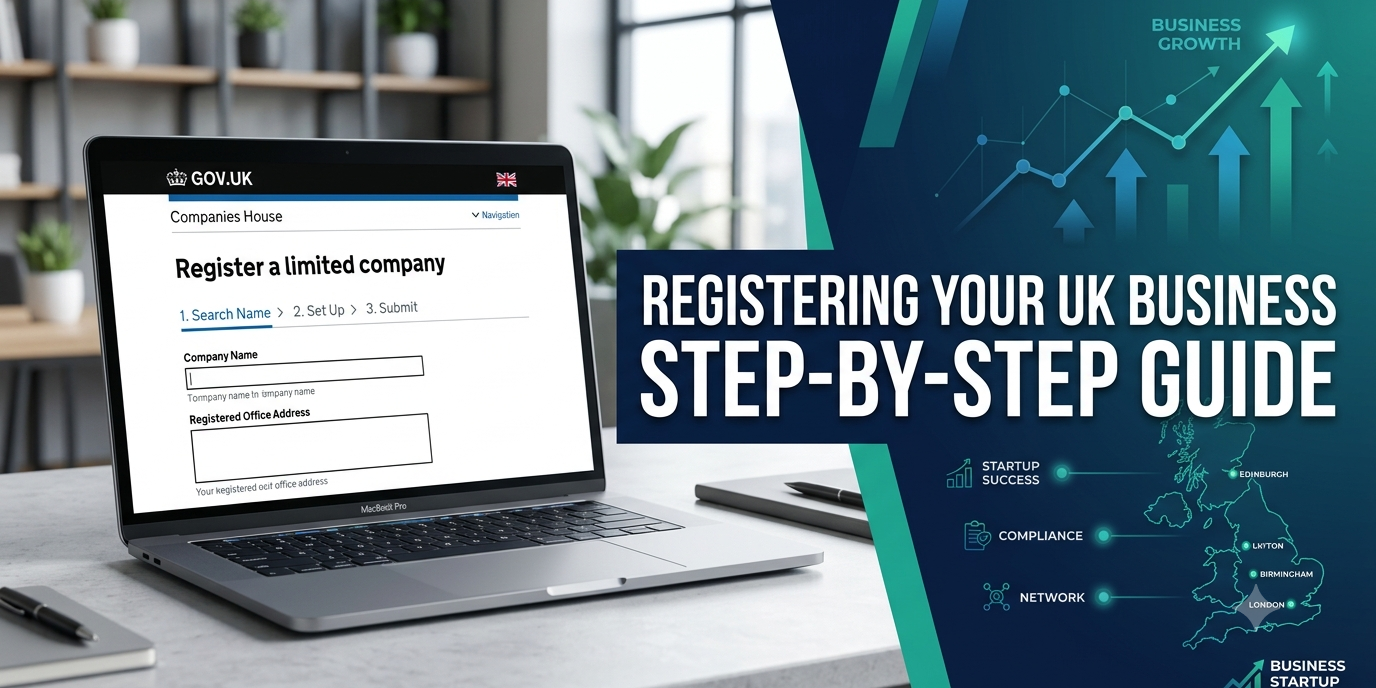A laptop displaying a UK company registration checklist alongside a digital certificate of incorporation, representing how to register a business with Companies House. How to register a UK business